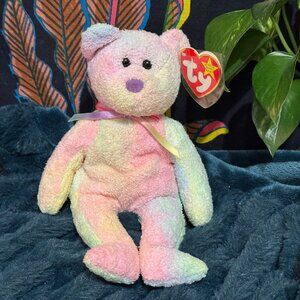 Ty Original Beanie Baby, Groovy the Bear, Tie-Dye Rainbow, DOB January 10, 1999